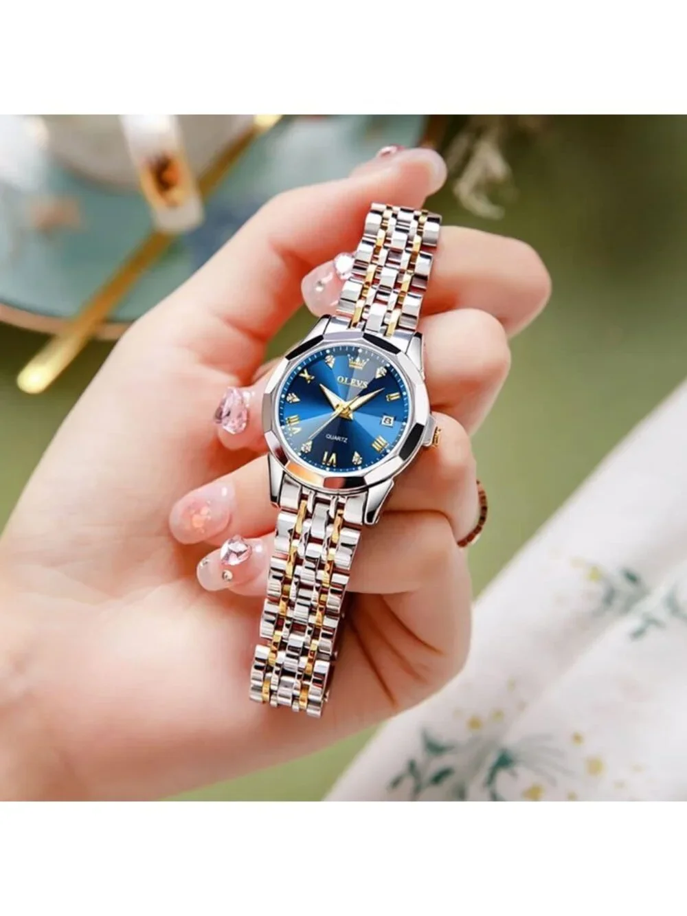 Women's Blue Gold Silver Diamond Analog Stainless Steel Waterproof Wrist Watch